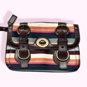 Coach Legacy Stripe Garcia Wristlet With Brown Leather Wrist Strap and Turnlock
